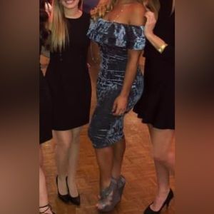 Blue velvet off shoulder dress